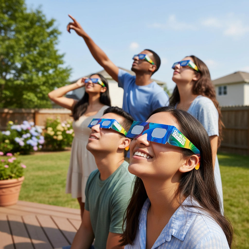A diverse group of friends enjoying a sunny day in their backyard, all wearing Breeze design eclipse glasses while gazing at the sky. ISO 12312-2 compliant.
