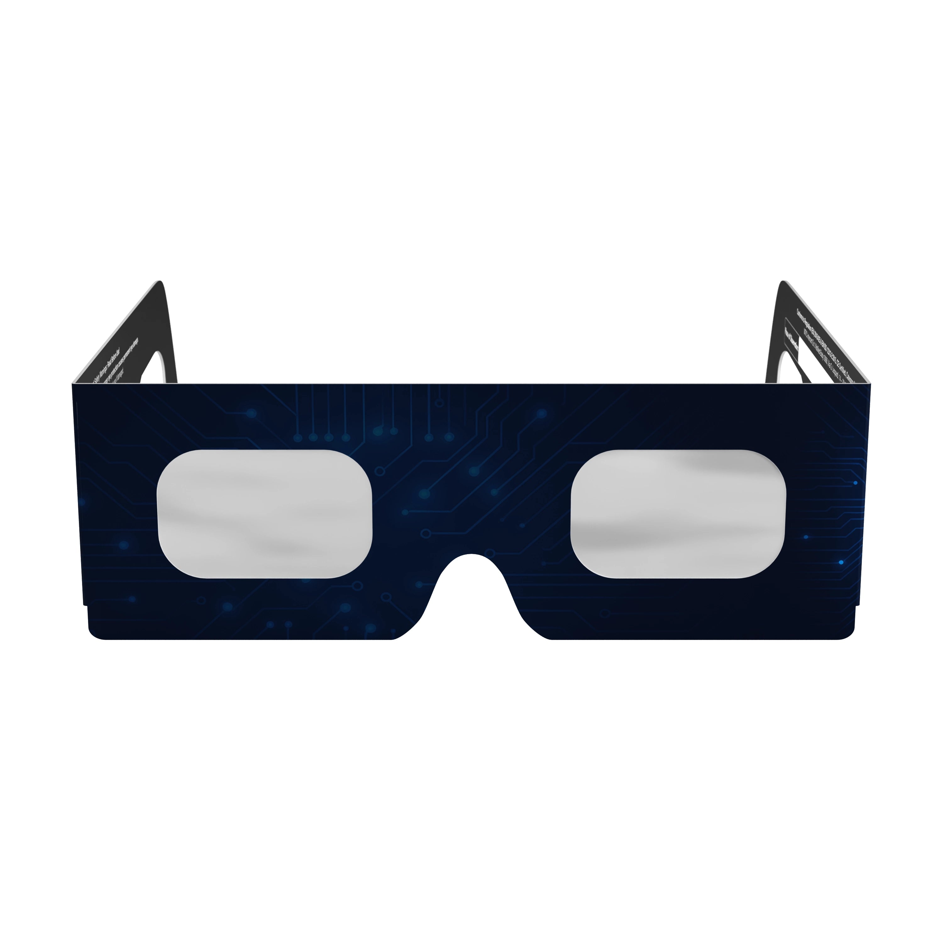Front view of BTC solar eclipse glasses showcasing their flat lenses and stylish design.