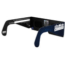 Back-side angle of BTC solar eclipse glasses with QR authenticity sticker visible, showcasing their quality.