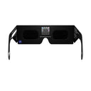 Back view of BTC solar eclipse glasses displaying the flat lens design and QR authenticity sticker.