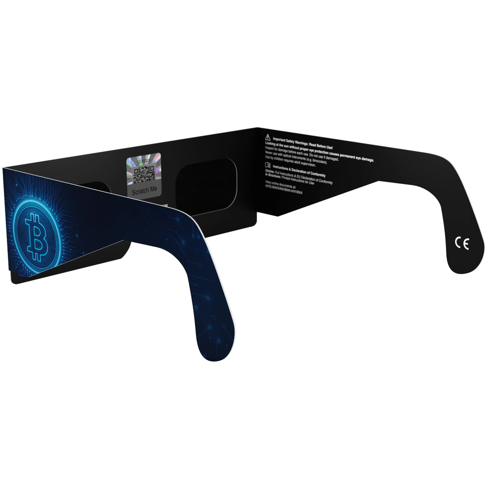 Back-side alternate angle of BTC solar eclipse glasses, featuring the QR authenticity sticker.