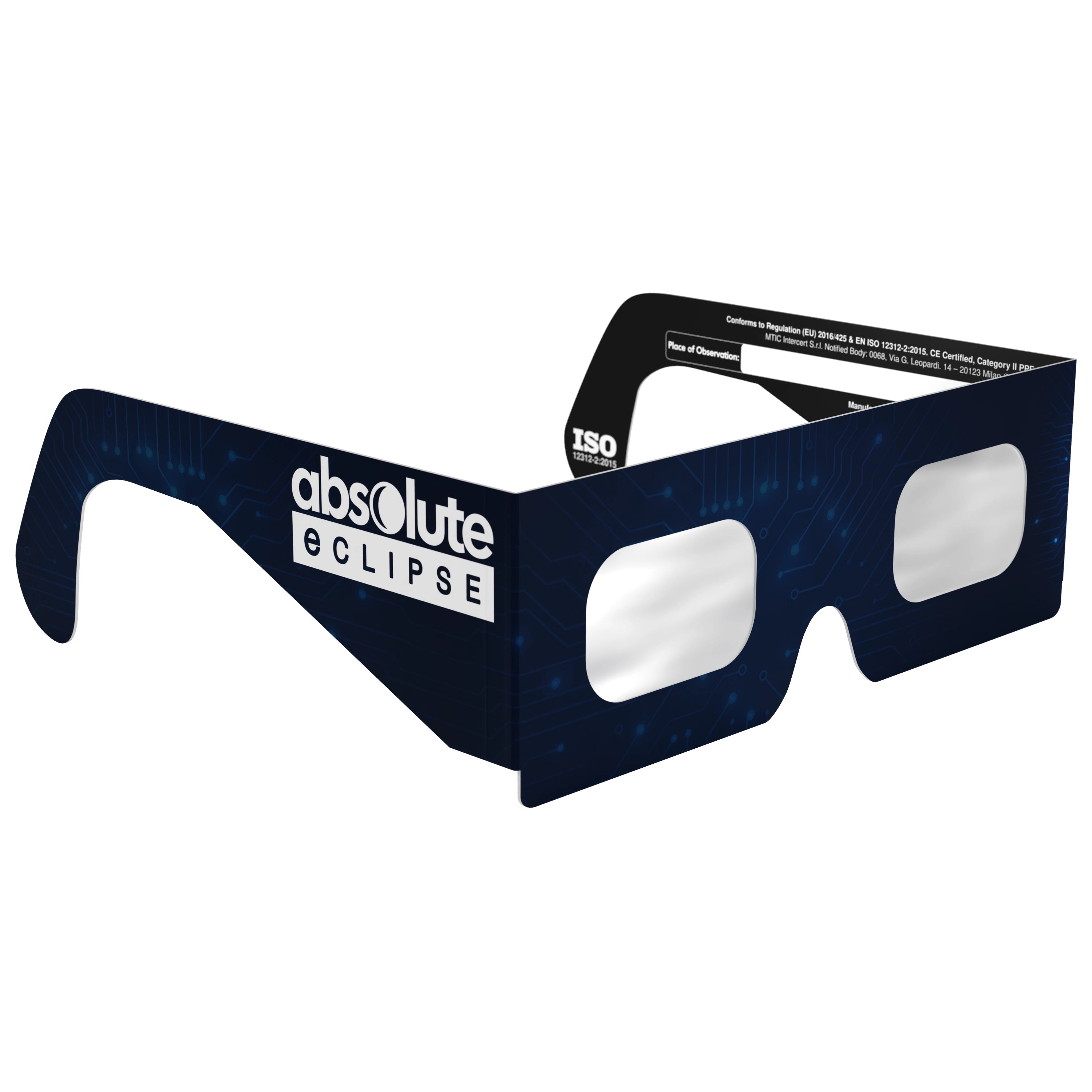 45-degree angle view of BTC solar eclipse glasses highlighting the modern design and flat lens surface.