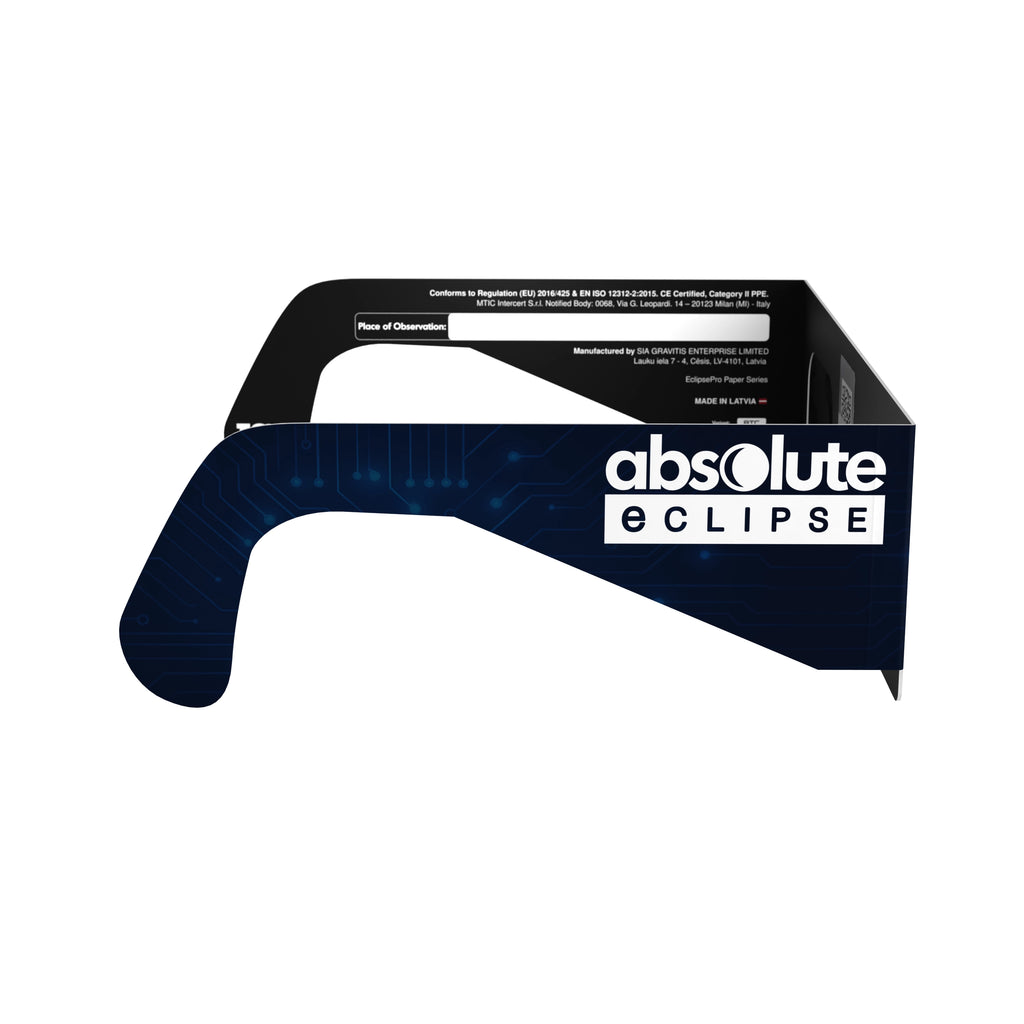 Side profile view of BTC solar eclipse glasses showing their sleek design and safety features.