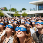 A large crowd of tech enthusiasts wearing BTC solar eclipse glasses at a convention, looking up with expressions of awe.