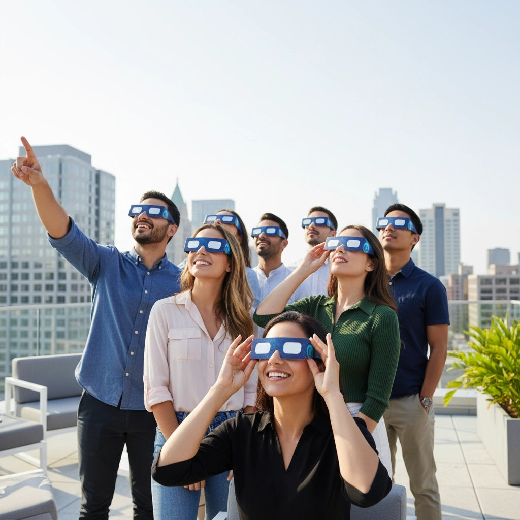 A group of young professionals at a rooftop event joyfully wearing BTC solar eclipse glasses, gazing at the sky with excitement.