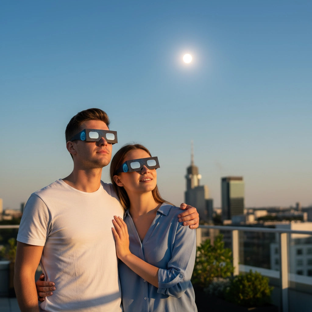 A stylish couple on a rooftop terrace safely wearing BTC solar eclipse glasses, sharing a moment of wonder under a clear sky.