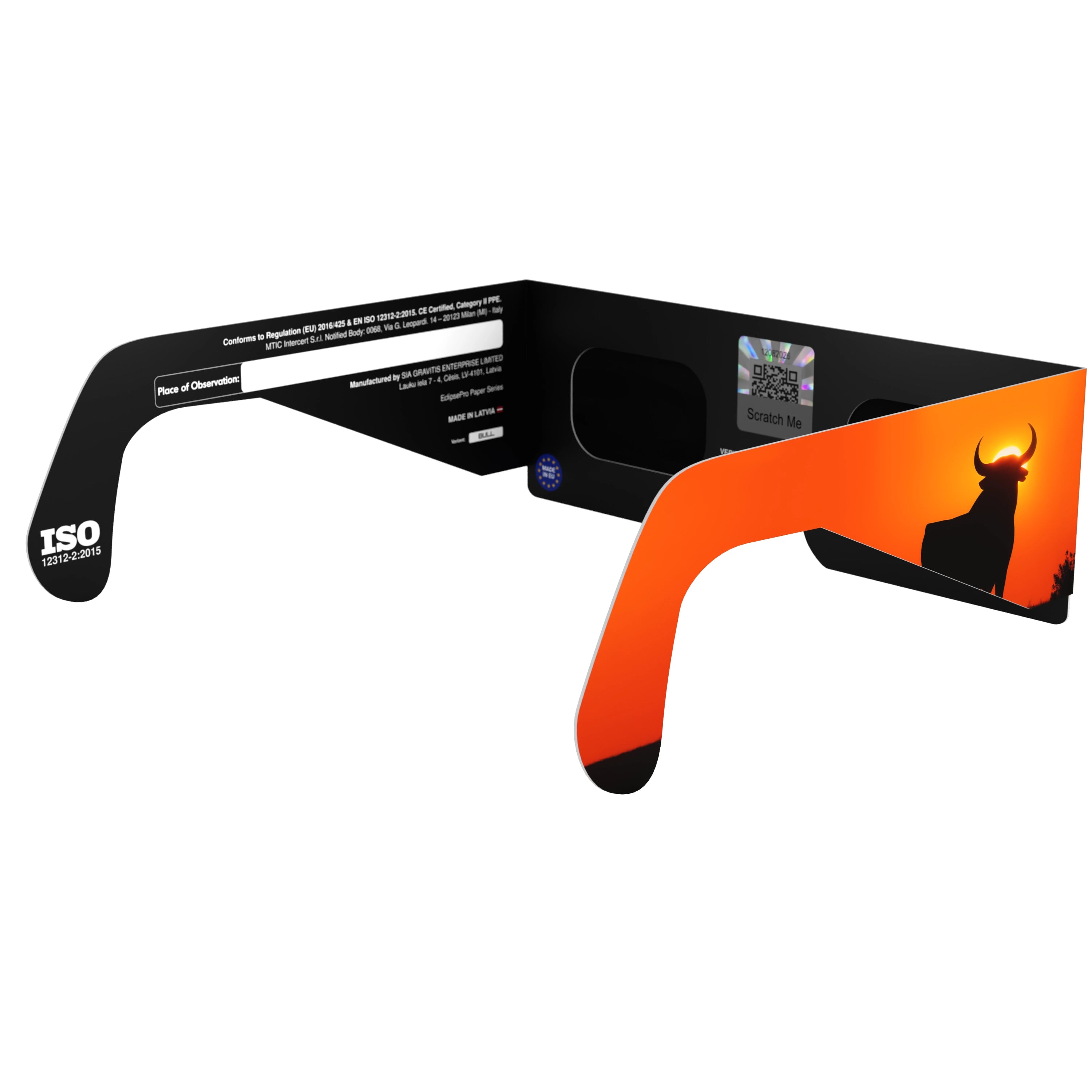 Back-side angle view of Bull design glasses with QR sticker visible, showing off their stylish design and safety compliance.