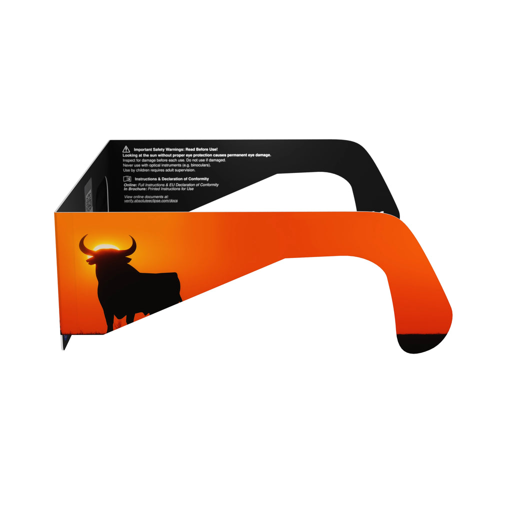 Side alternate profile view of Bull design solar eclipse glasses, highlighting their bold design and safety standards.