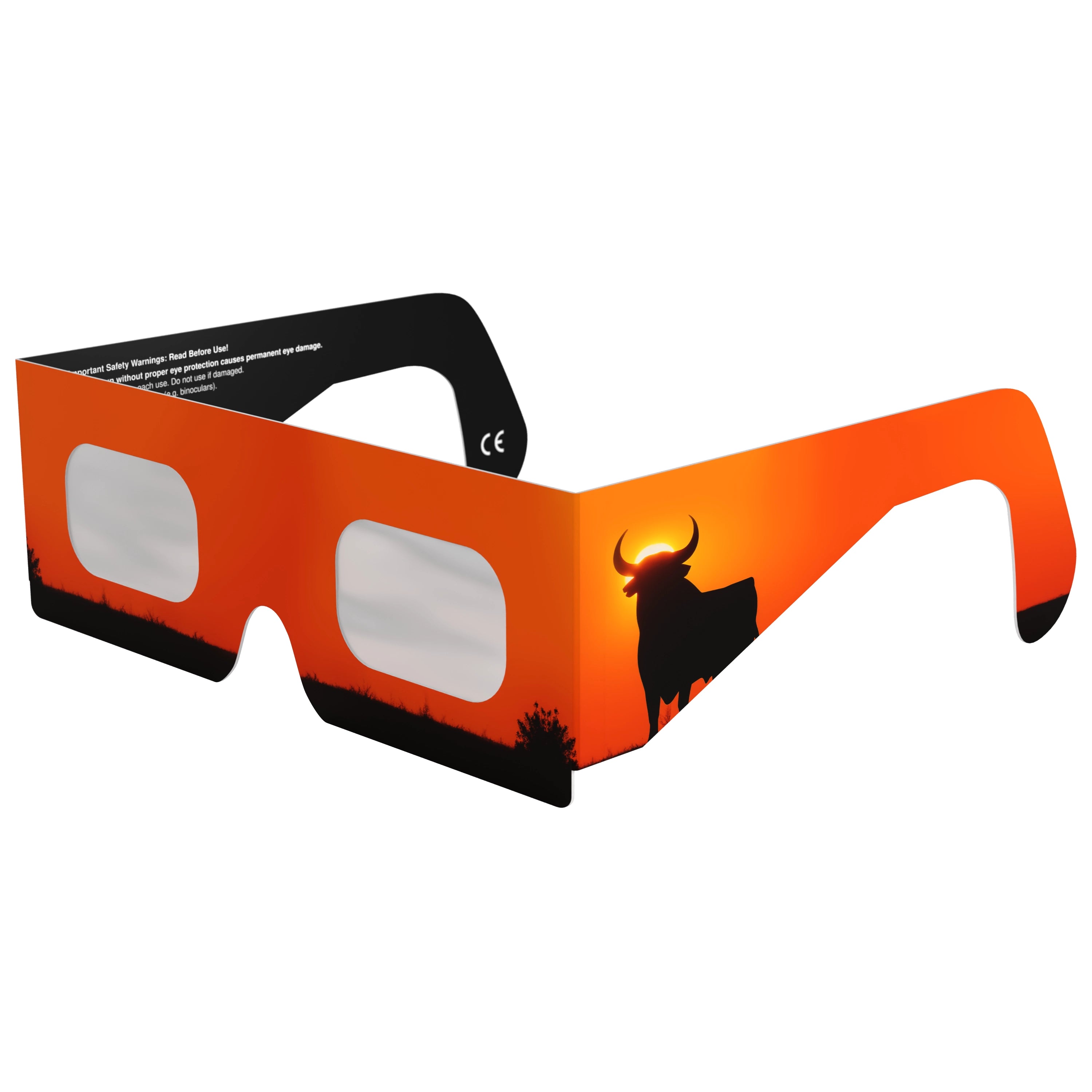 Front-side main angle view of Bull design eclipse glasses, showcasing their unique features and ISO 12312-2 compliance.