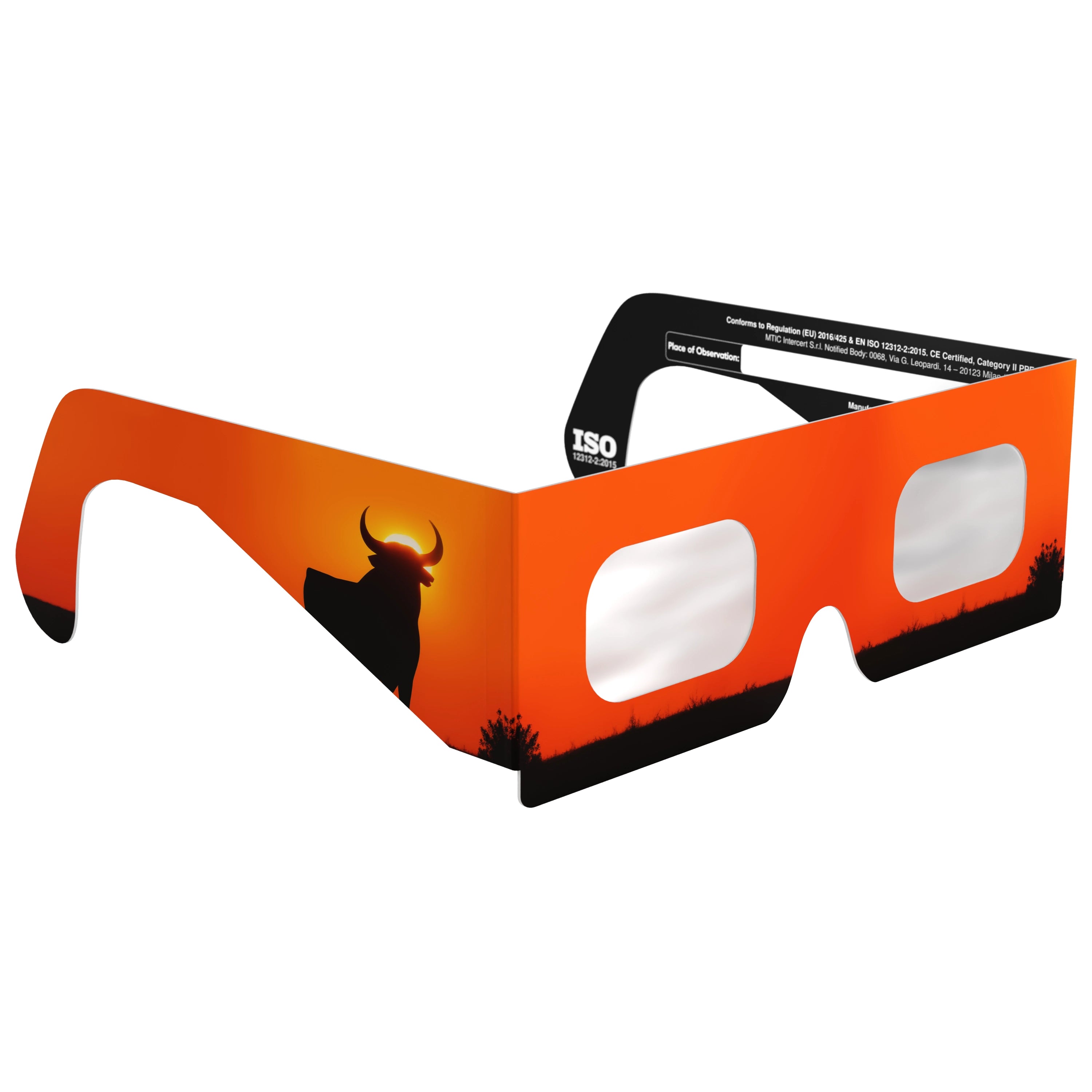 45-degree angle view of Bull design eclipse glasses, showcasing their sleek design and ISO 12312-2 compliance.