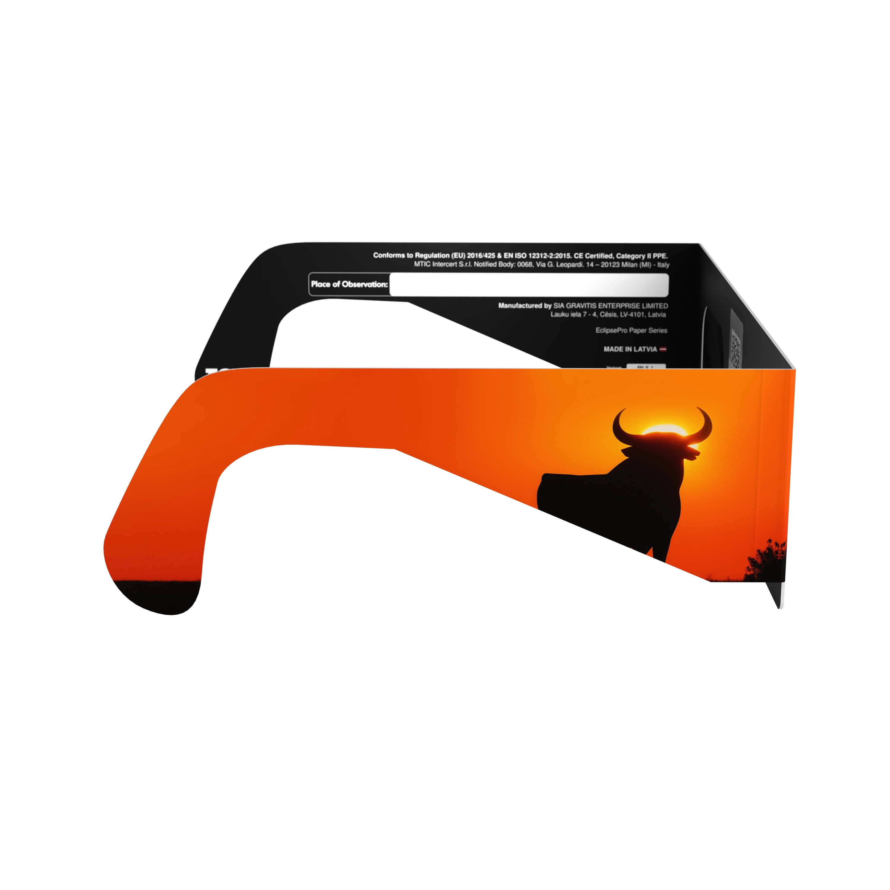 Side profile view of Bull design solar eclipse glasses, emphasizing their bold aesthetic and safety features.