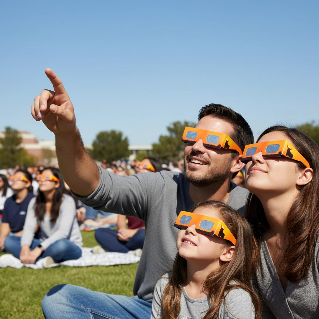 A large crowd on a university campus lawn, all wearing Bull design glasses, sharing a moment of excitement for the upcoming eclipse.