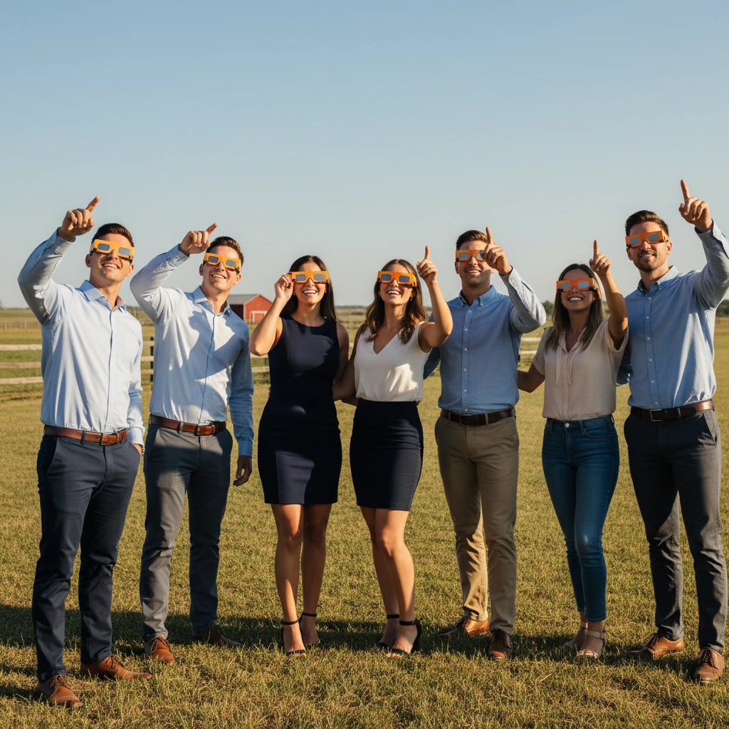 A diverse group of colleagues wearing Bull design glasses, looking up in awe during a team-building event on a sunny ranch.