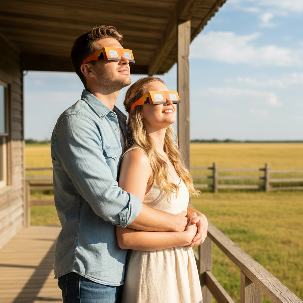 A young couple wearing Bull design glasses on a porch, sharing a moment of awe under the sun while preparing for the August 12, 2026 eclipse.