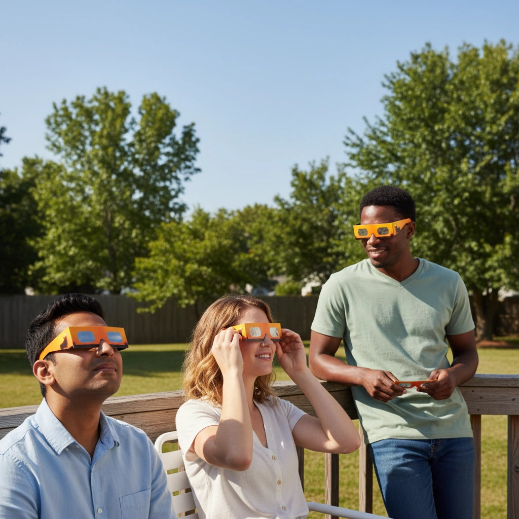 Three friends enjoying a sunny gathering on a deck, wearing Bull design glasses and anticipating the eclipse on August 12, 2026.