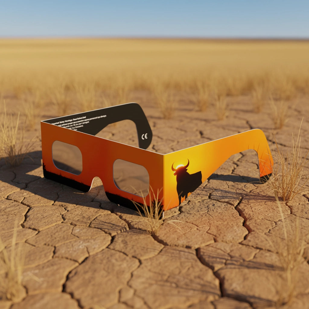 Showcasing Bull design solar eclipse glasses on a rustic clay surface, perfect for safe viewing on August 12, 2026.