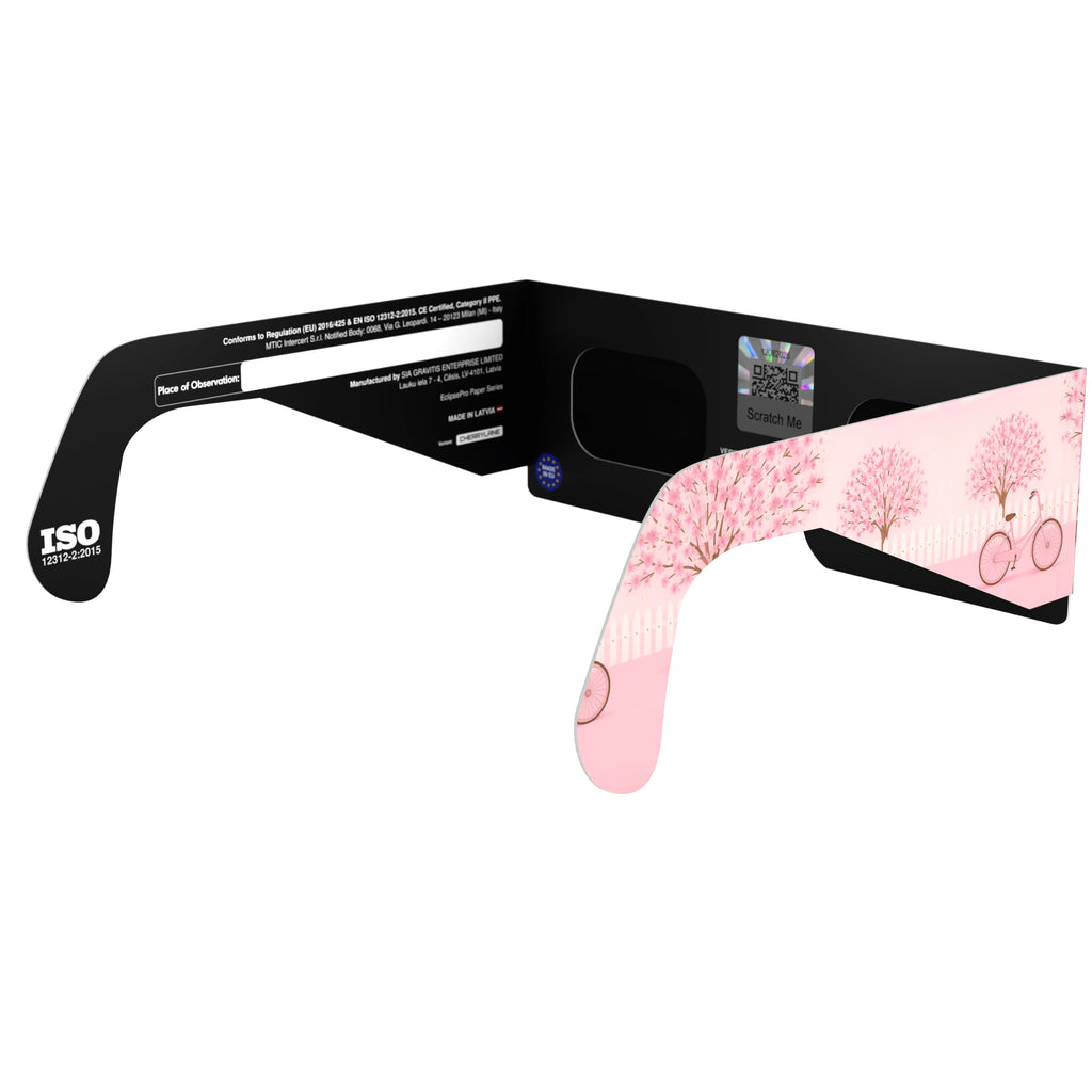 Back-side angle of cherry blossom design glasses, QR authenticity sticker visible.
