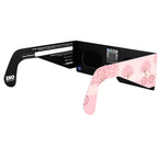 Back-side angle of cherry blossom design glasses, QR authenticity sticker visible.