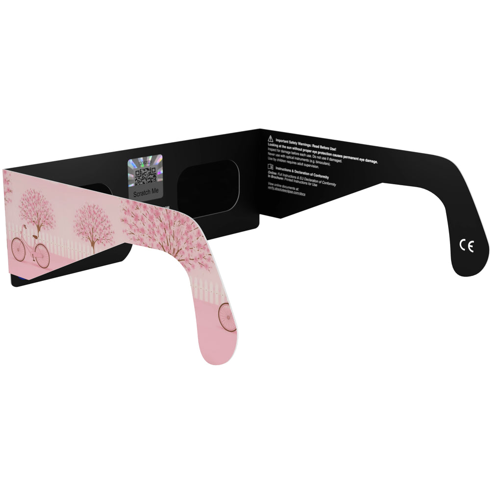 Back-side alternate angle of cherry blossom design glasses, showing QR sticker.