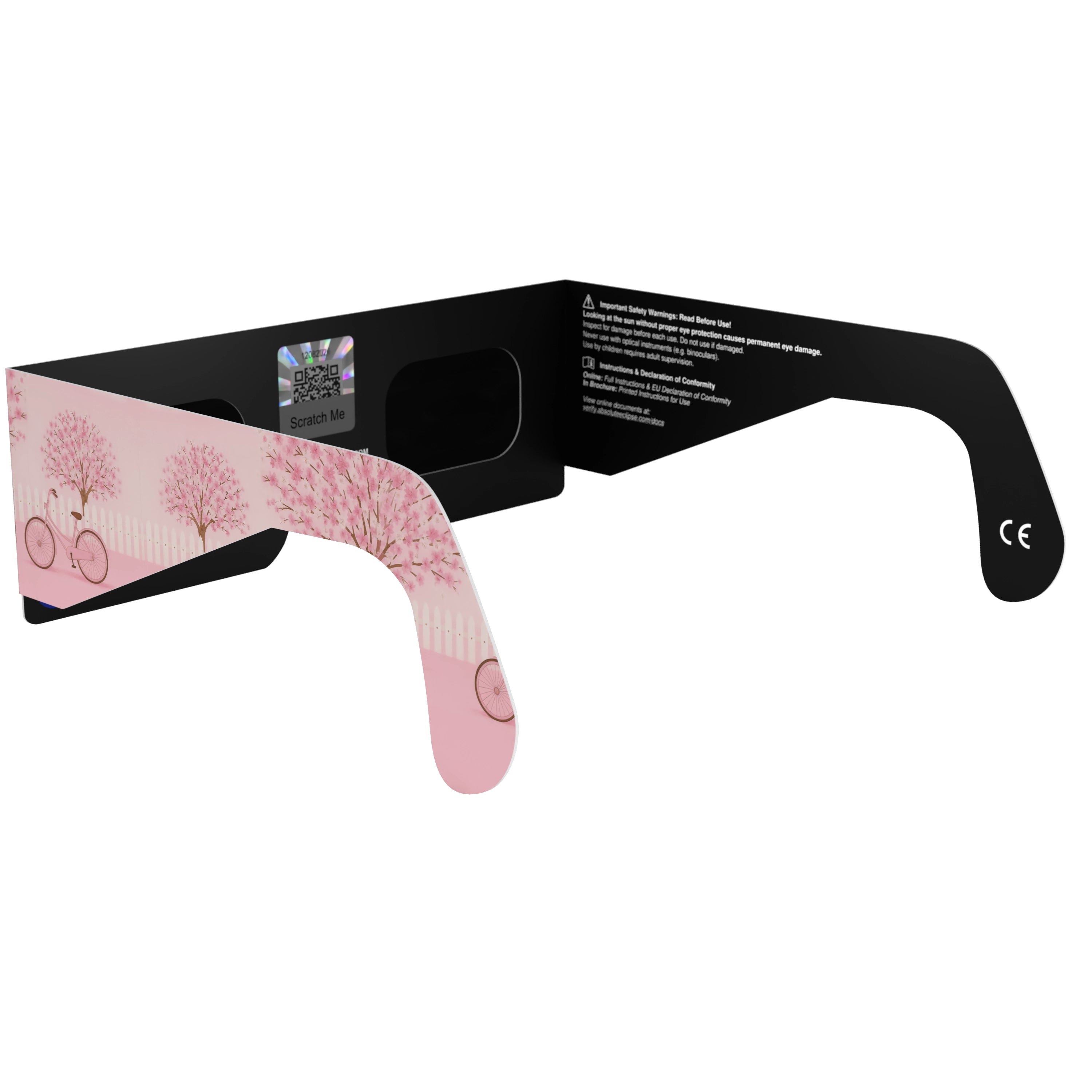 Back-side alternate angle of cherry blossom design glasses, showing QR sticker.