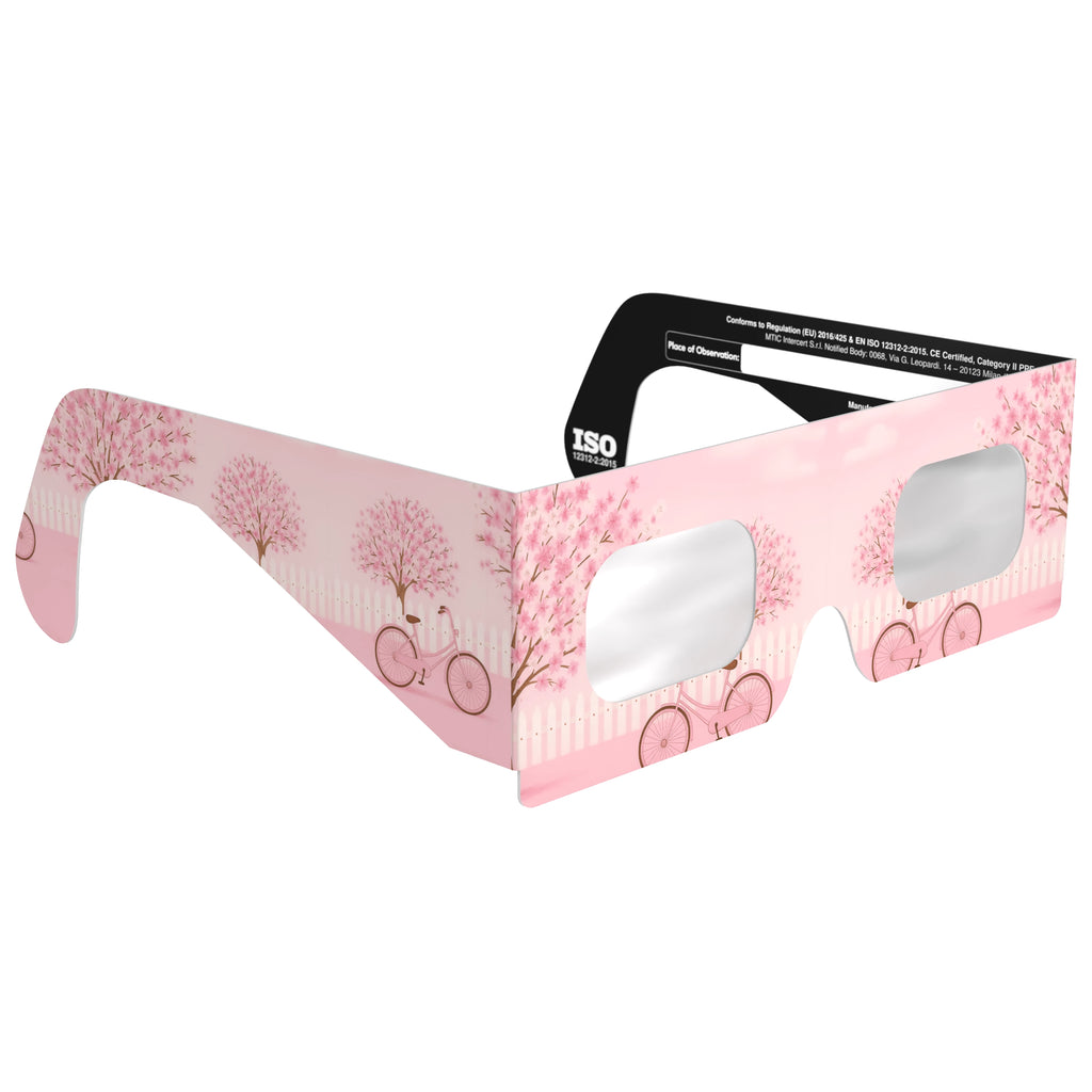 45-degree angle view of cherry blossom design glasses, highlighting their artistic features.