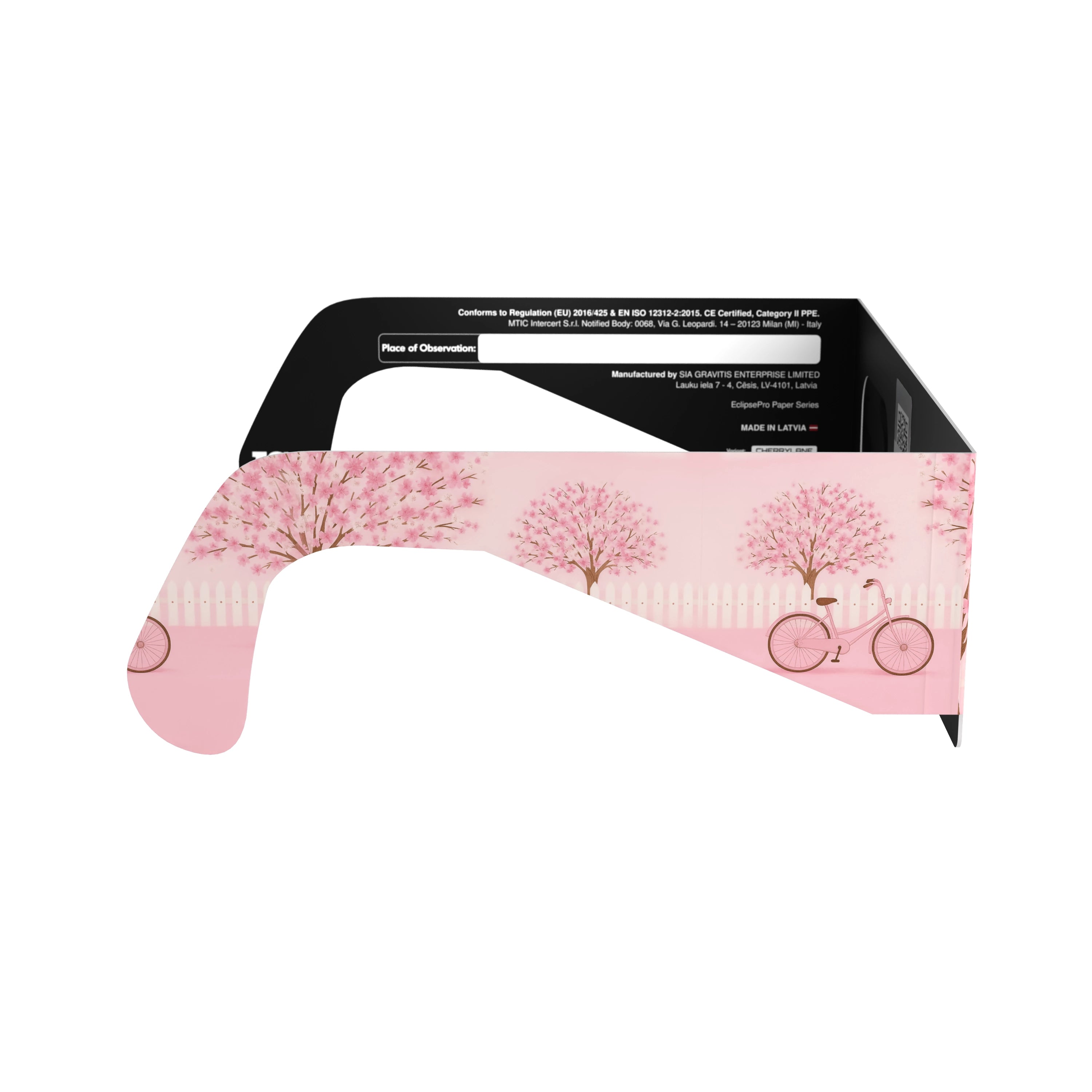 Side profile of cherry blossom design eclipse glasses, emphasizing their sleek design.