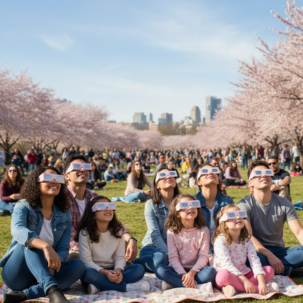 Large crowd at a community event, adults wearing cherry blossom design glasses, all looking up in awe at a sunny park setting.