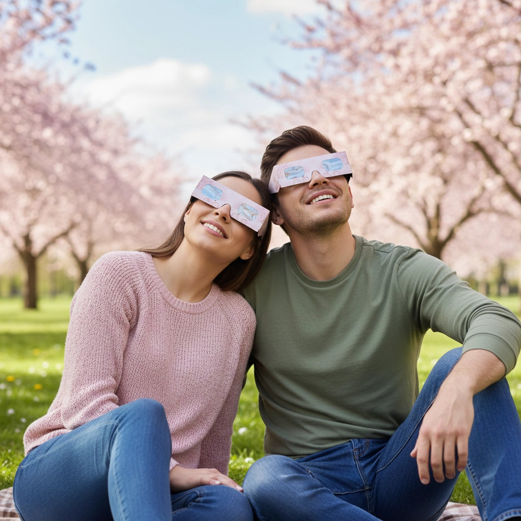 Romantic couple enjoying a sunlit park, wearing cherry blossom design eclipse glasses, sharing a moment of awe on August 12, 2026.