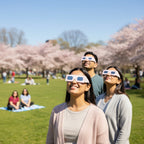 Community event with adults wearing cherry blossom design glasses, sharing moments of fascination in a cherry blossom park.