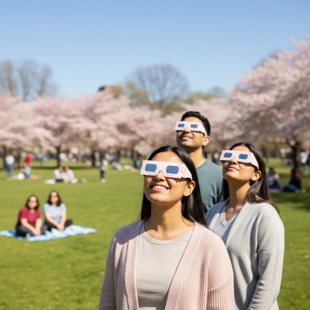 Community event with adults wearing cherry blossom design glasses, sharing moments of fascination in a cherry blossom park.