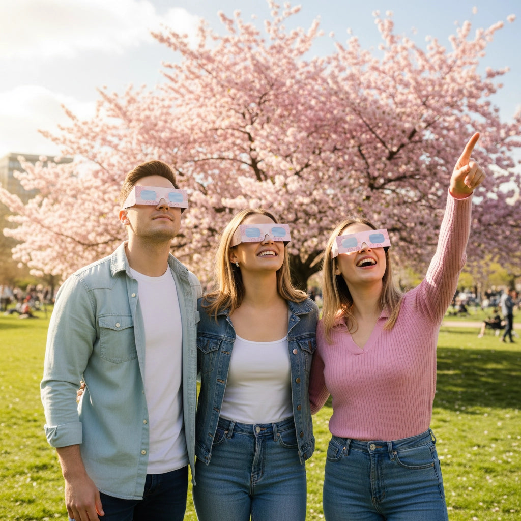 Three friends in a park watching the sky with cherry blossom design glasses on a bright day, expressing joy and excitement.