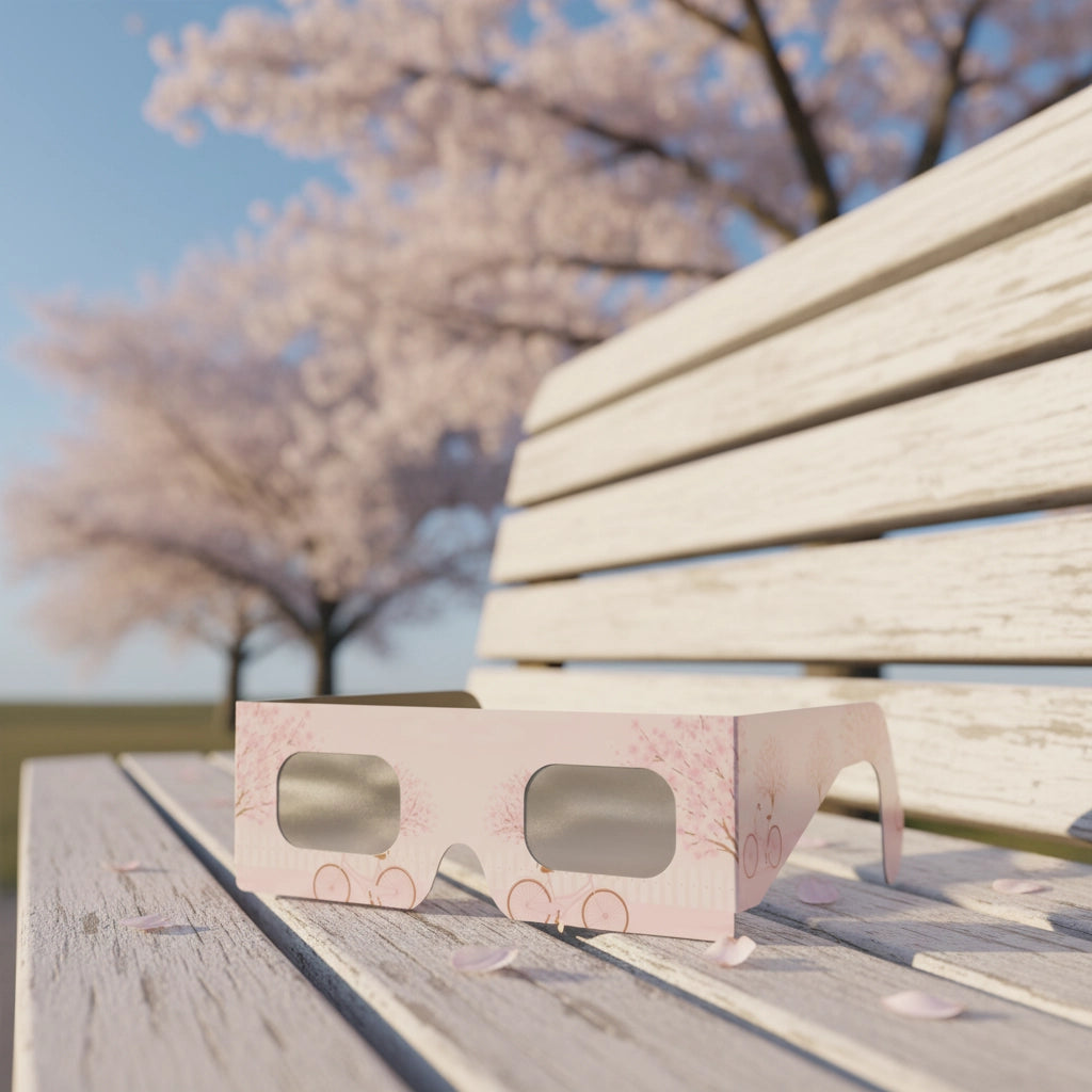 Professional showcase of cherry blossom design glasses on a weathered bench with scattered petals, ISO 12312-2 certified.