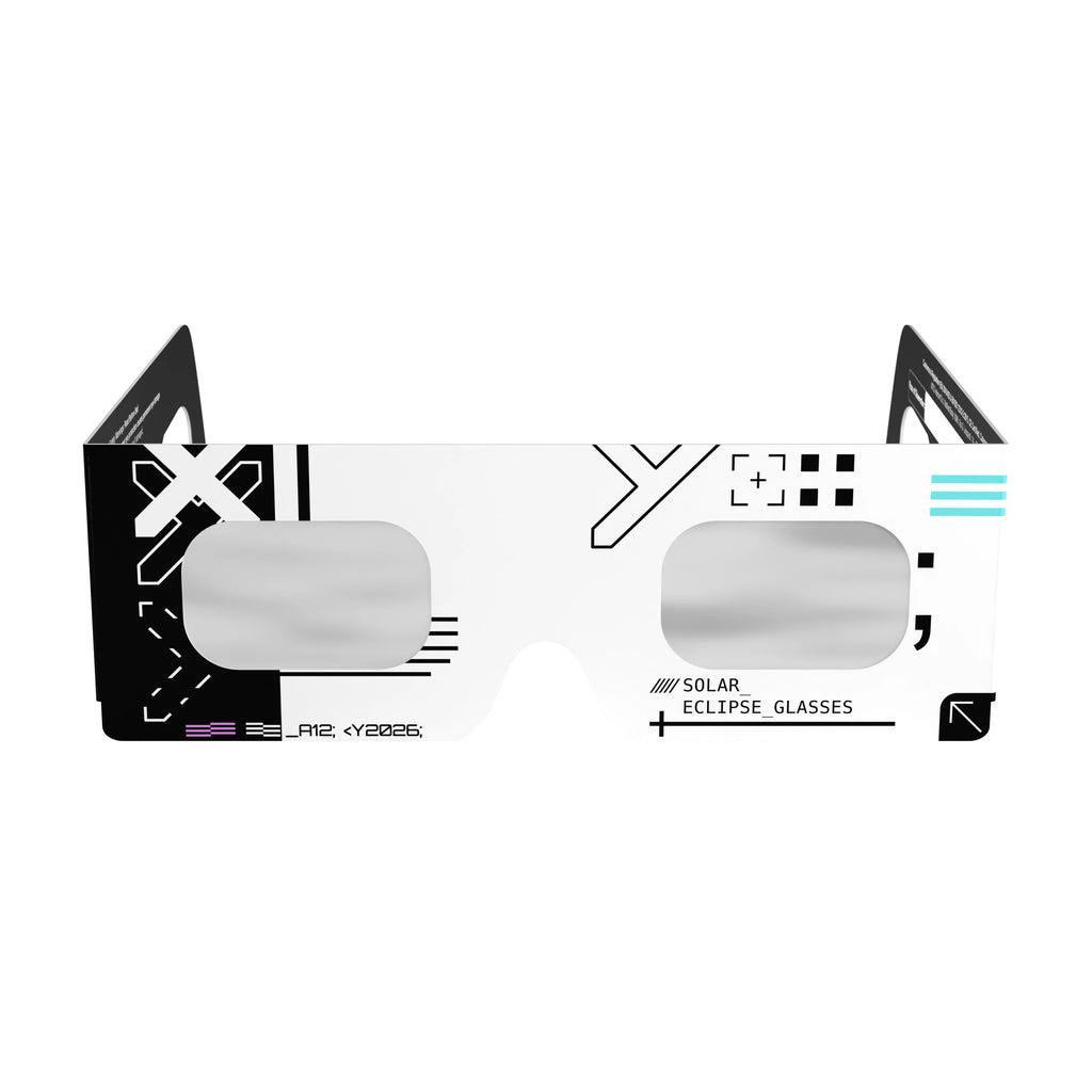 Clean front view of Cipher design solar eclipse glasses, showcasing the unique cryptographic pattern.