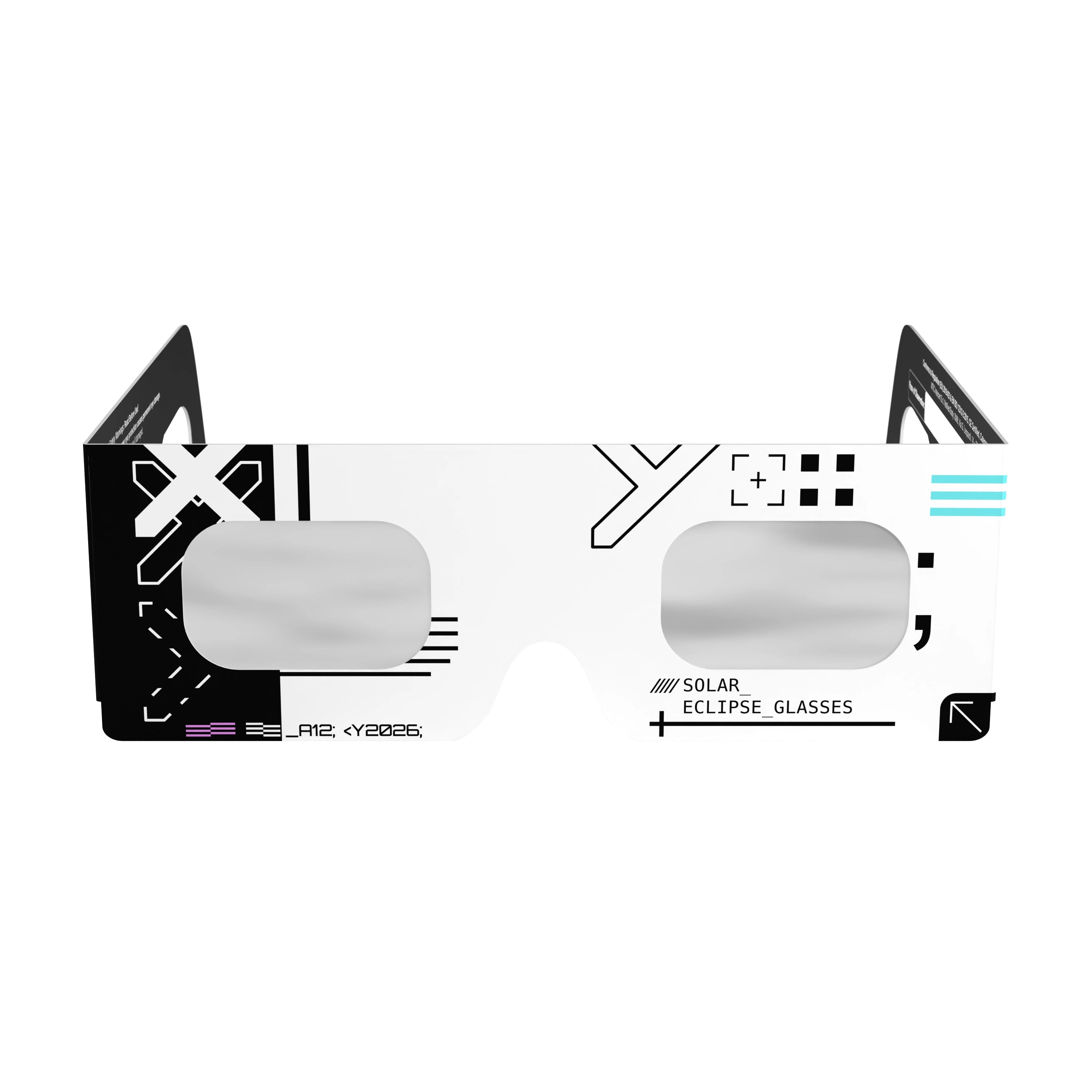 Clean front view of Cipher design solar eclipse glasses, showcasing the unique cryptographic pattern.