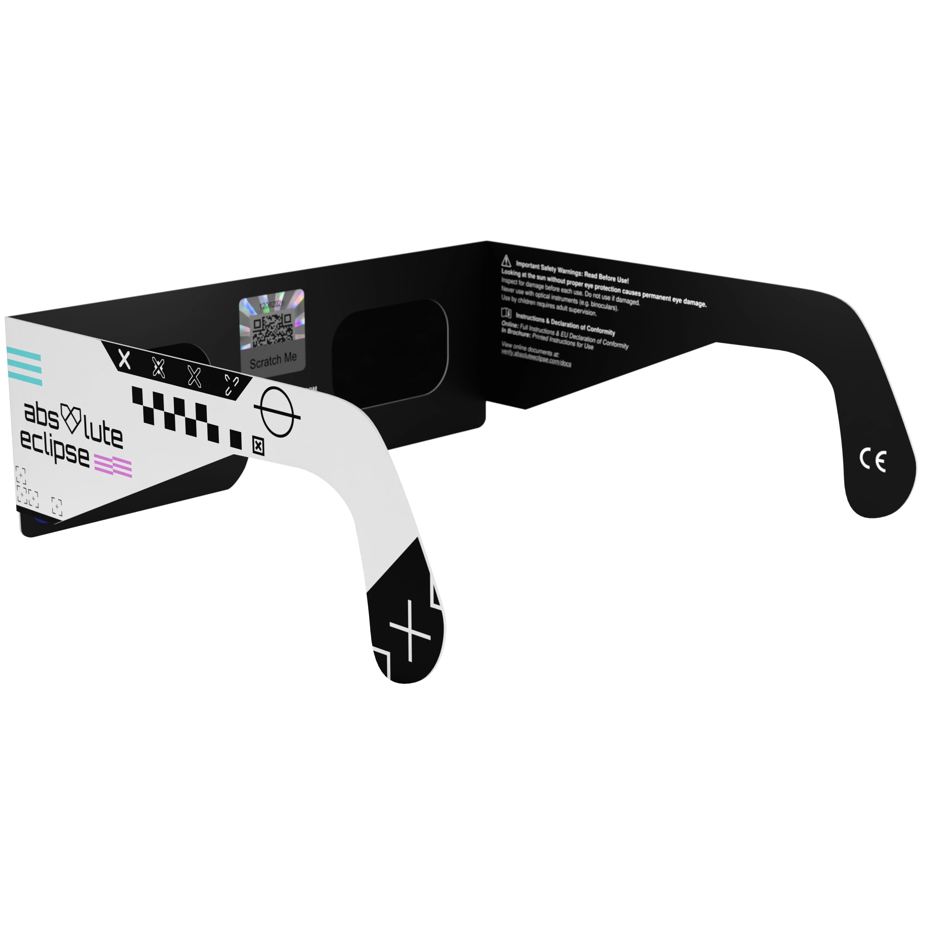 Back-side alternate angle view of Cipher solar eclipse glasses with QR sticker visible, highlighting the unique design.