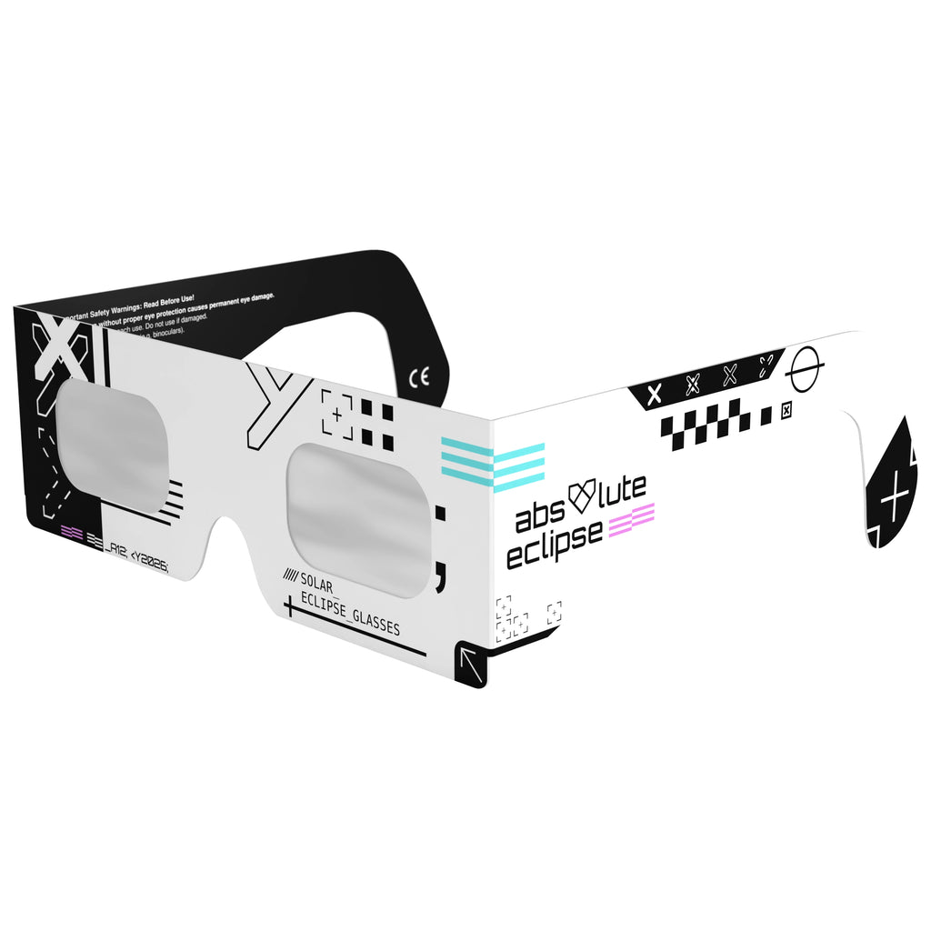Front-side main angle view of Cipher solar eclipse glasses, presenting the cryptographic pattern design.