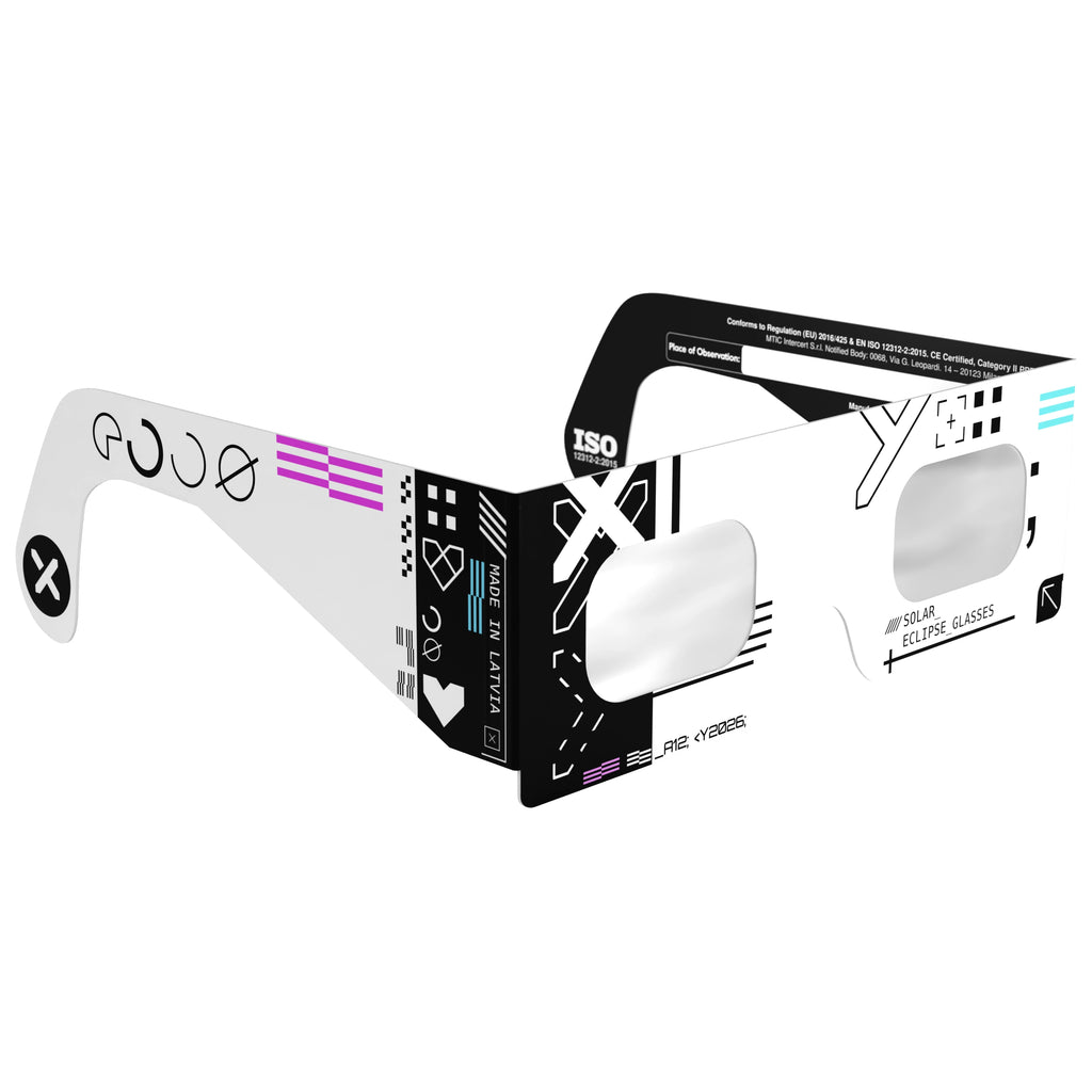 Front-side angle view of Cipher solar eclipse glasses, highlighting the stylish design and safety features.