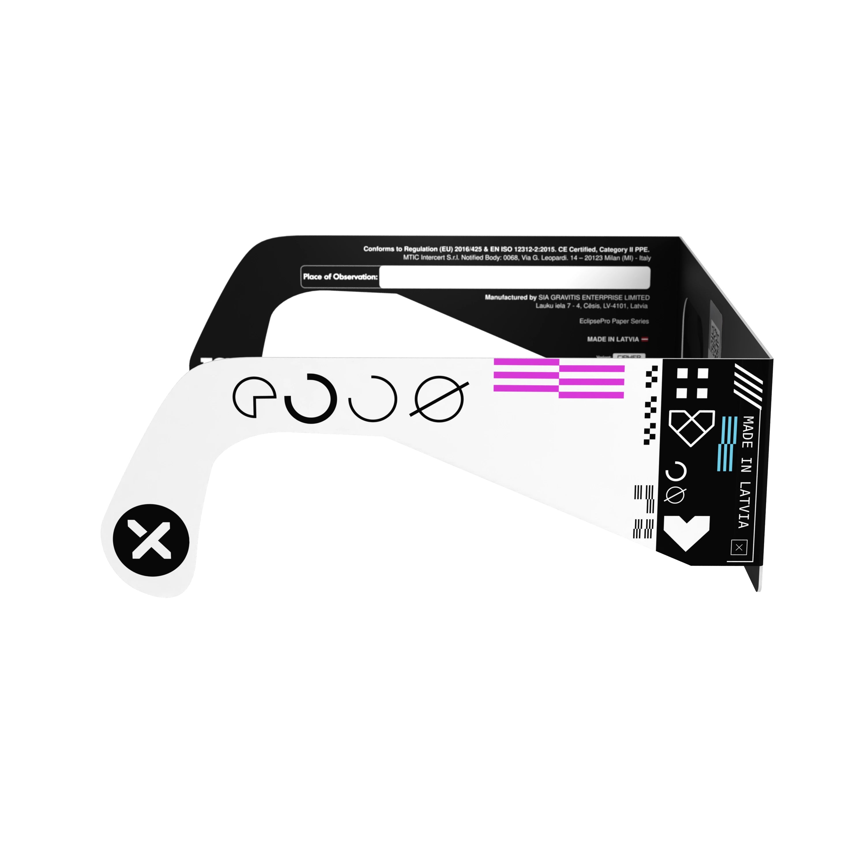 Side profile view of Cipher design solar eclipse glasses, emphasizing the sleek, modern aesthetics.