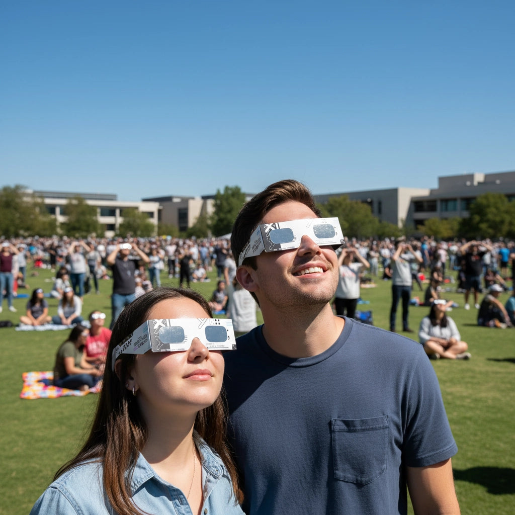 Large public viewing event in a park with a diverse crowd wearing Cipher design glasses, sharing curiosity about the upcoming solar eclipse.