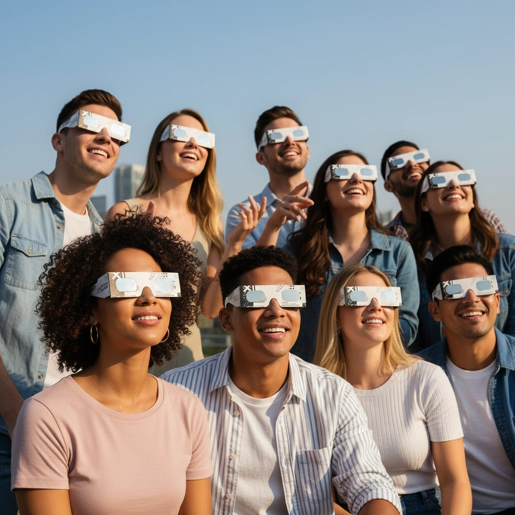 Seven friends on a rooftop patio wearing Cipher design glasses during a sunny day, sharing excitement for the upcoming August 12, 2026 eclipse.