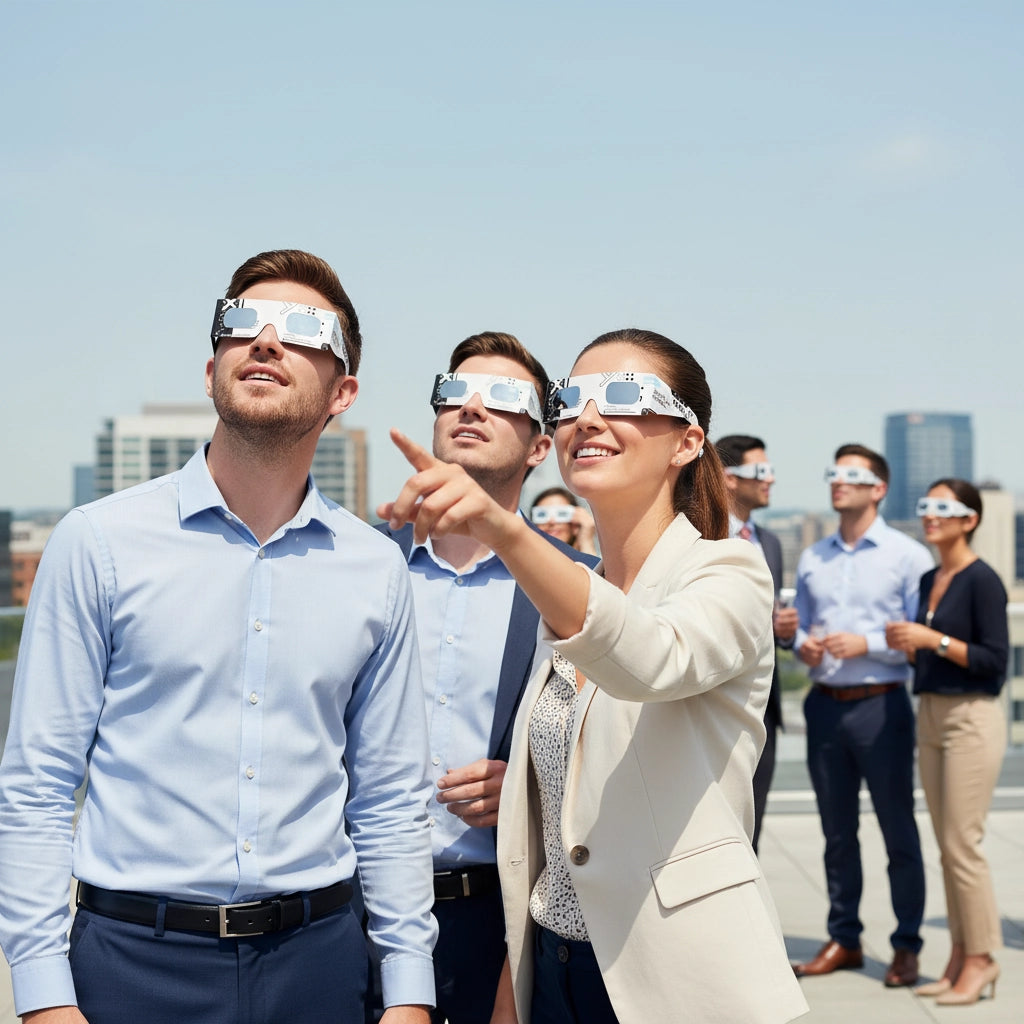 Corporate eclipse viewing event with professionals wearing Cipher design glasses, sharing experiences on a rooftop terrace, safe for August 12, 2026.