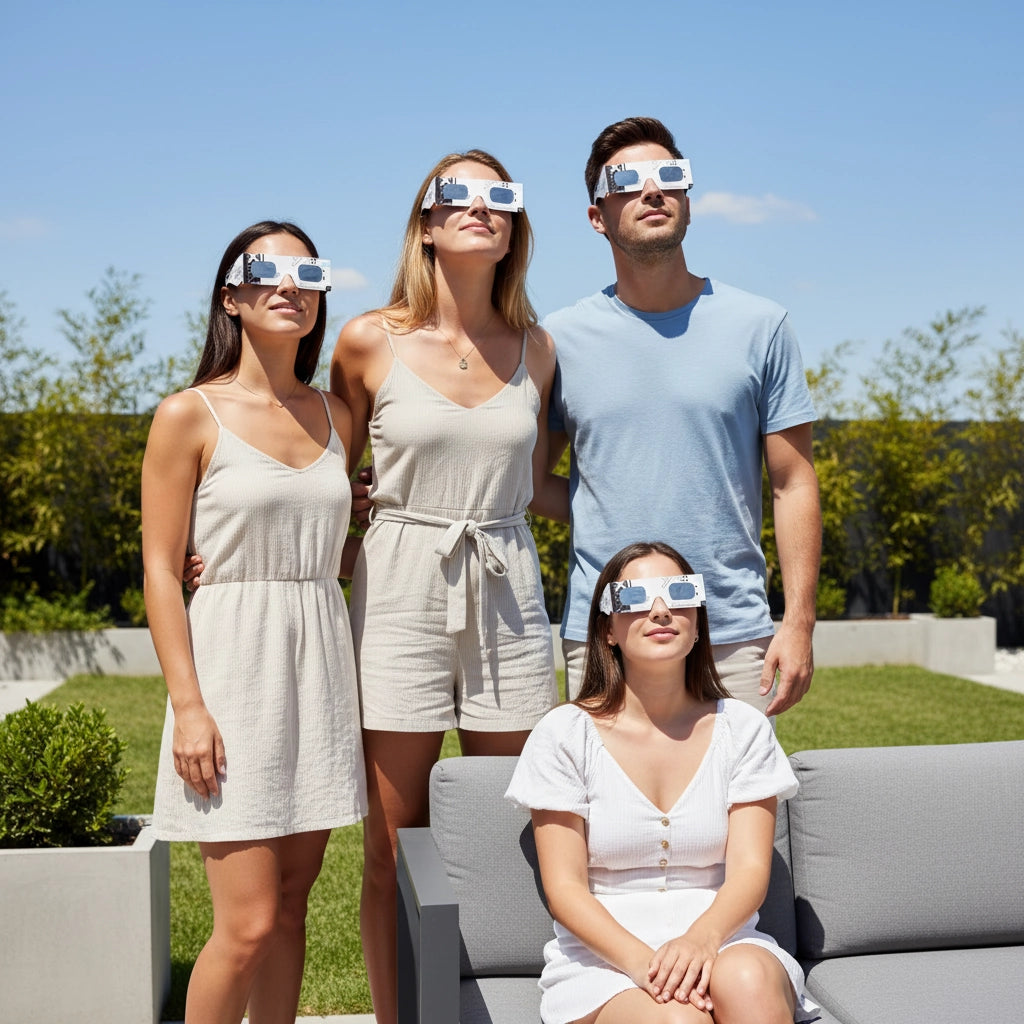 Group of four friends wearing Cipher design glasses on a sunny patio, enjoying a moment of wonder while looking at the sky, perfect for 2026 eclipse.