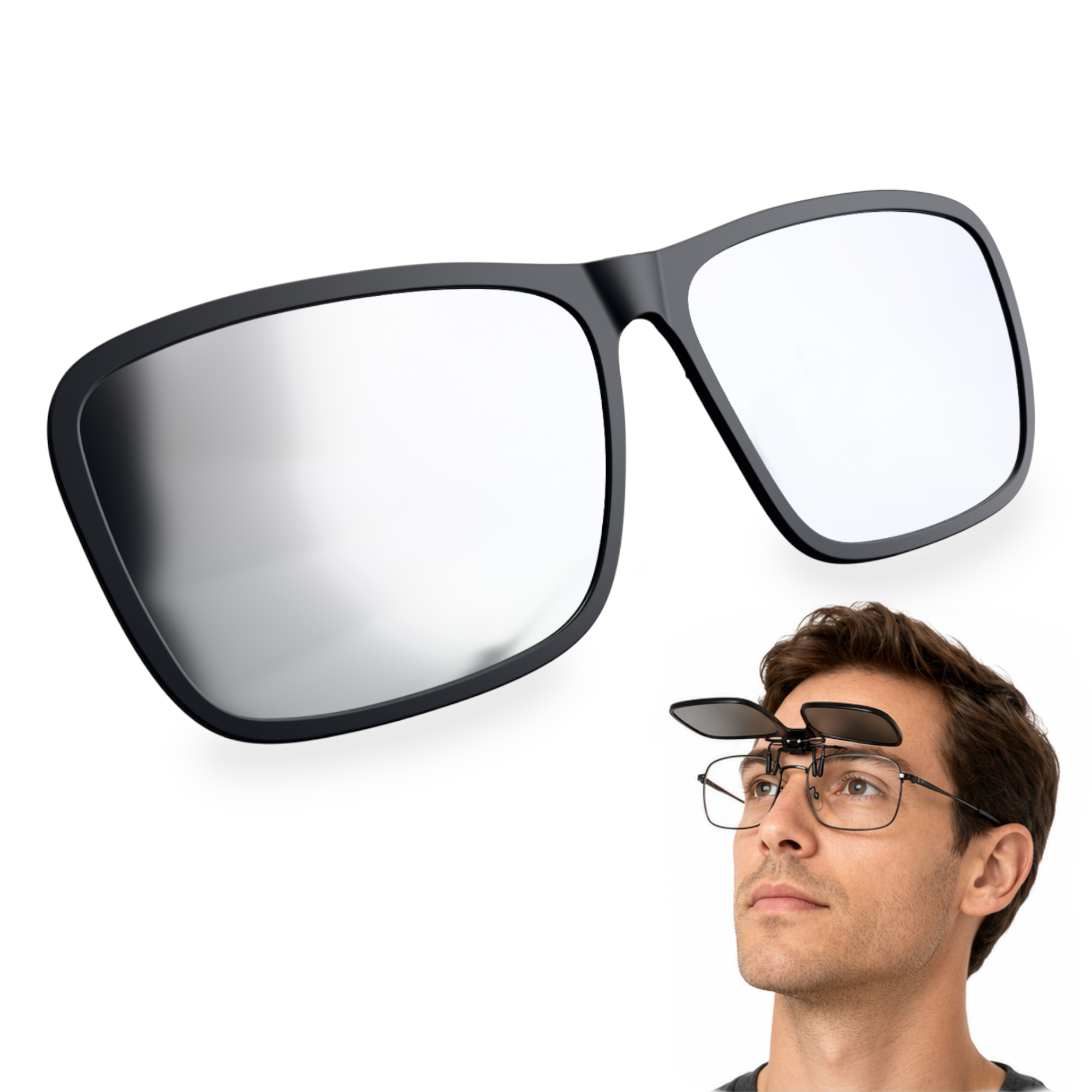 Solar Eclipse Clip-On Glasses for Prescription Frames — Flip-Up Hinge, CE Certified PPE Cat II, EN ISO 12312-2:2015 — Absolute Eclipse, OD 4.8