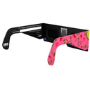Back-side angle of Coldsoup eclipse glasses, QR sticker visible, showing the unique design.