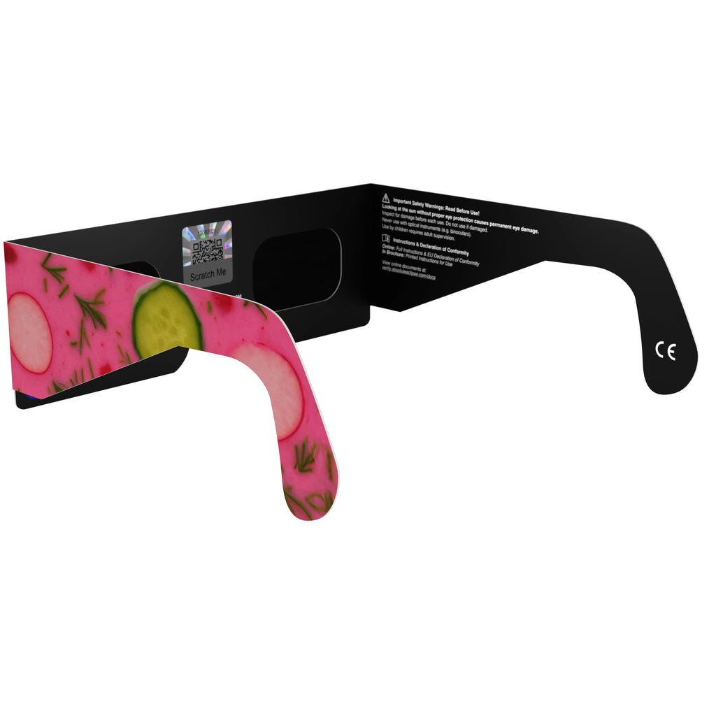 Back-side alternate angle of Coldsoup eclipse glasses, QR sticker visible, showcasing the stylish look.