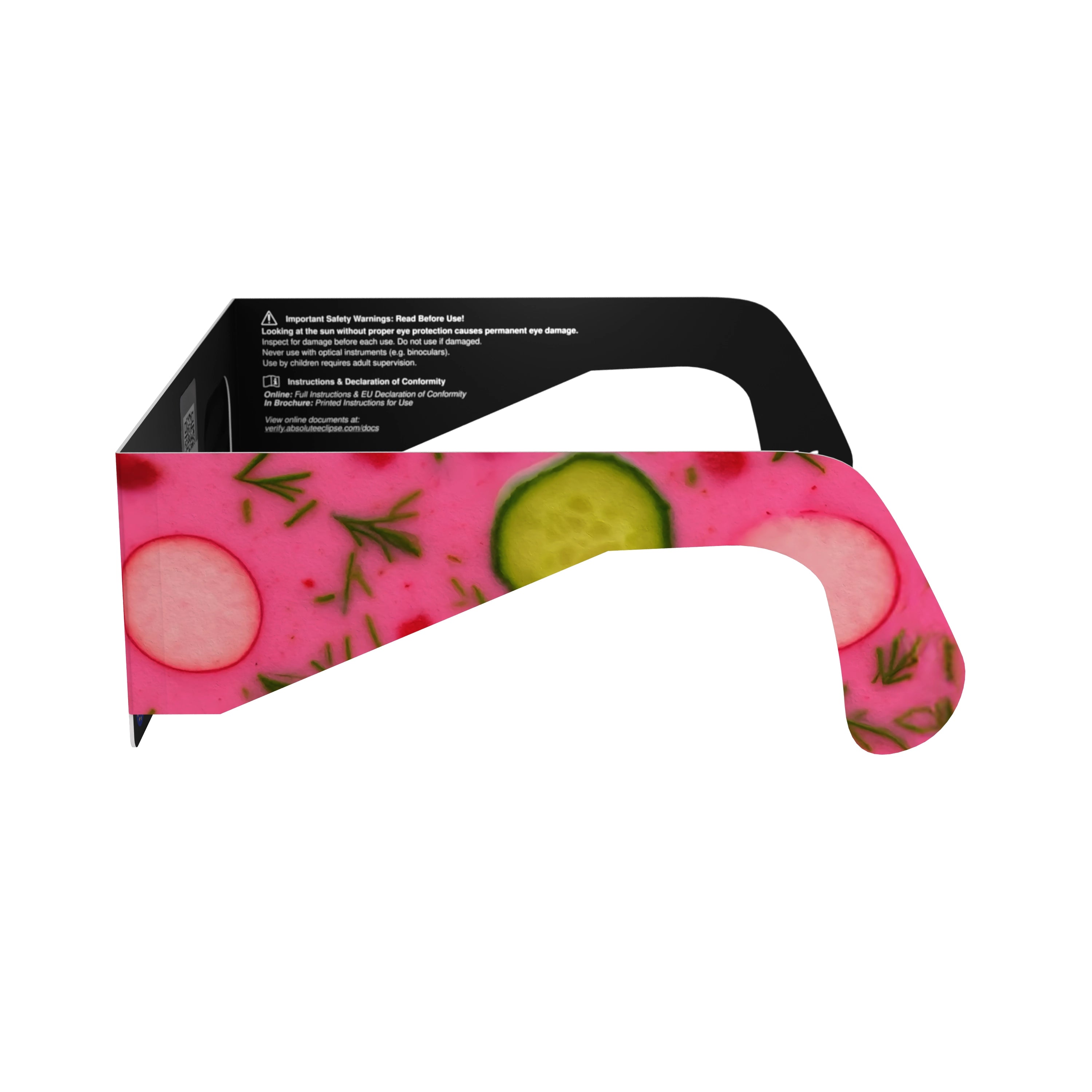 Side alternate profile view of Coldsoup design eclipse glasses, displaying the artistic design.