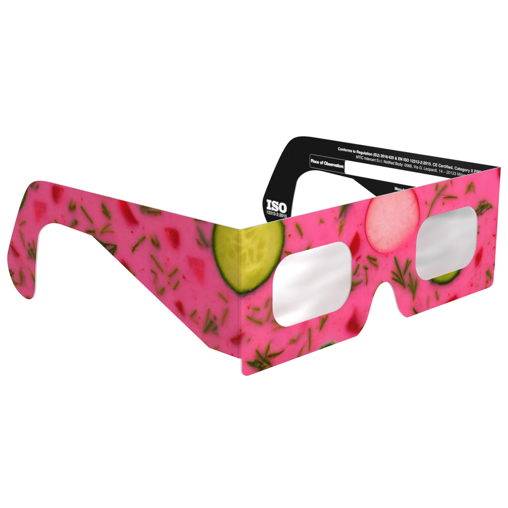 Front-side angle view of Coldsoup eclipse glasses, highlighting the modern artistic design.