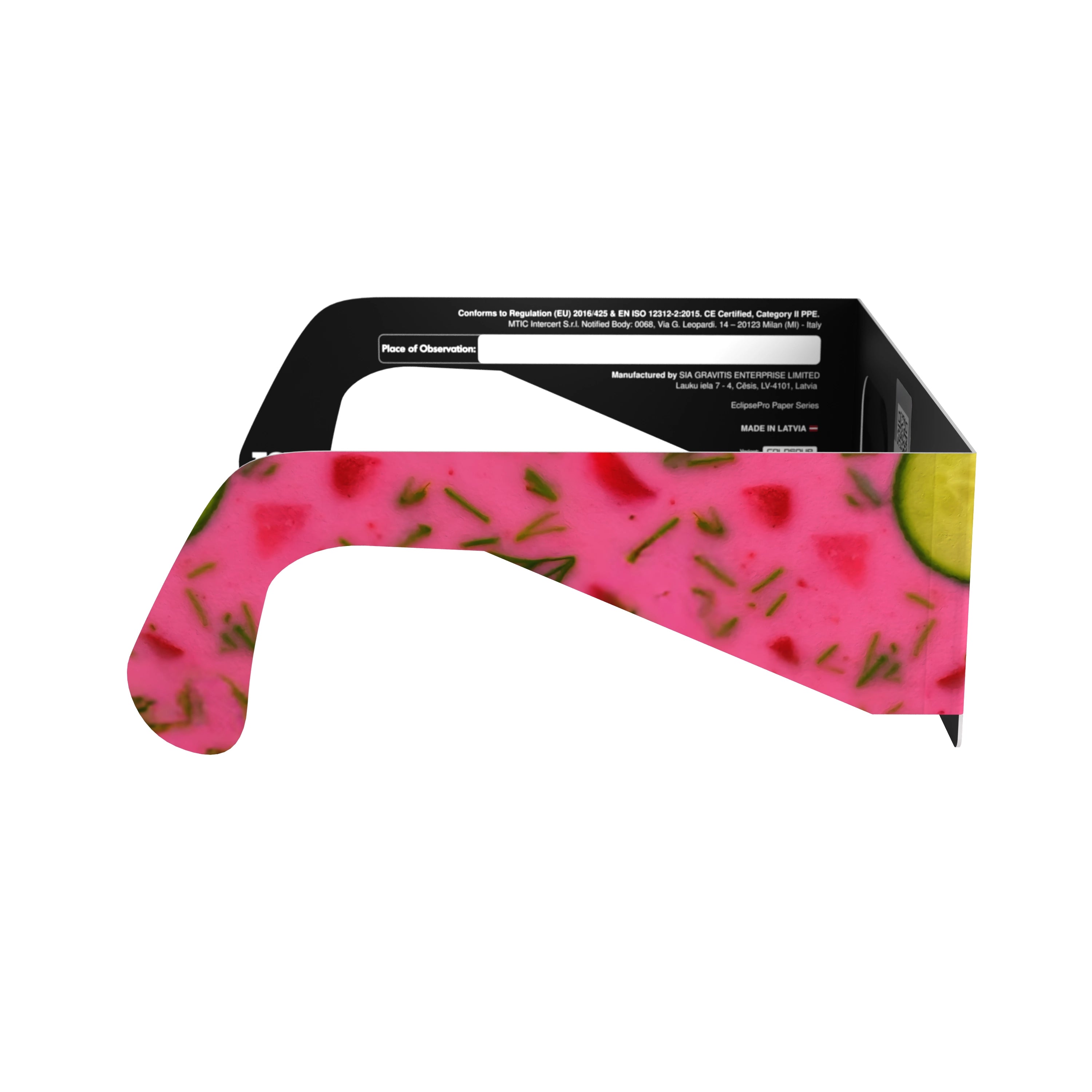 Side profile view of Coldsoup design eclipse glasses, clearly showing the artistic details.