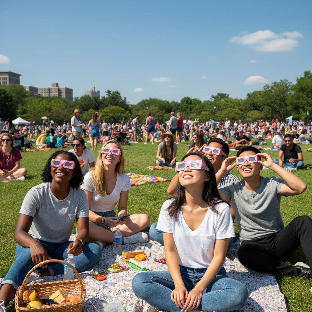 A diverse crowd enjoying a public event, all wearing Coldsoup eclipse glasses while looking up, celebrating together.