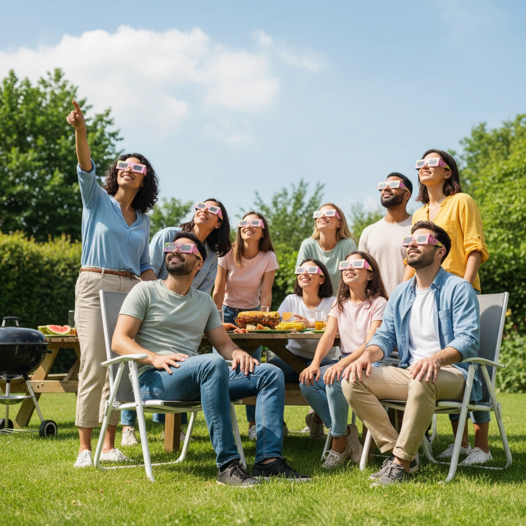 Eight people wearing Coldsoup eclipse glasses during a barbecue, enjoying a sunny day together, capturing special moments.